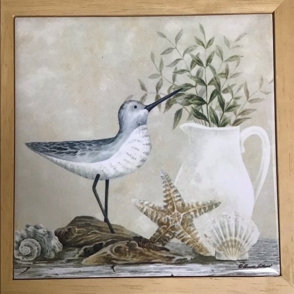 Vintage Diane Arthurs Framed Ceramic Tile Trivet Sandpiper Shells 8x8” Wall Art - Picture 3 of 14